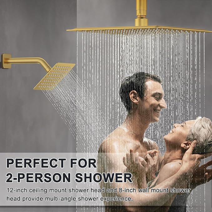 Iriber Thermostatic Shower System with Adjustable Water Flow Push Button Diverter, Square Dual Shower Heads Faucet Set with Handheld Spray, Brushed Gold Shower Mixer Valve Trim Kit (Valve Included)