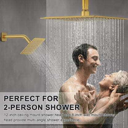 Iriber Thermostatic Shower System with Adjustable Water Flow Push Button Diverter, Square Dual Shower Heads Faucet Set with Handheld Spray, Brushed Gold Shower Mixer Valve Trim Kit (Valve Included)