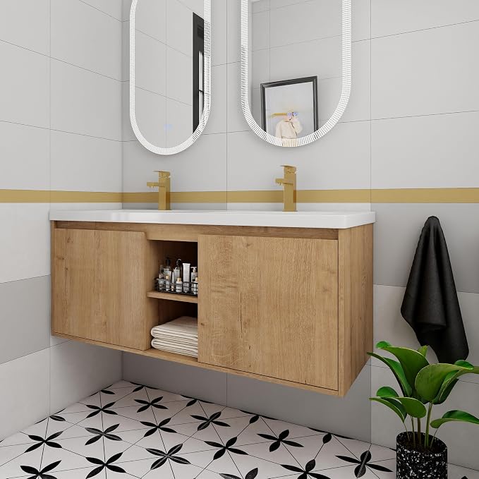 48 Inch Wall Mounted Bathroom Vanity with Double Sink | 48" Modern Floating Cabinet with Center Open Shelf & Soft-Close Doors, 2 Resin Basins, Imitative Oak