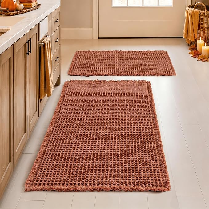 MIULEE Fall Rust Set of 2 Waffle Bathroom Rugs Boho Mat 17"x24"+18"x30" | Non Slip, Super Absorbent, Washable, Ultra Soft, Rubber Backed, Small Bath Rugs for Bathroom Floor Tub Shower