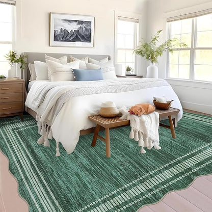 Garvee Scalloped Rug 10x13 Washable Area Rug for Living Room Green | Rugs for Living Room, Non-Slip Soft Carpet for Bedroom, Scalloped Low-Pile Solid Rug Accent Rug for Dining Room Home Office