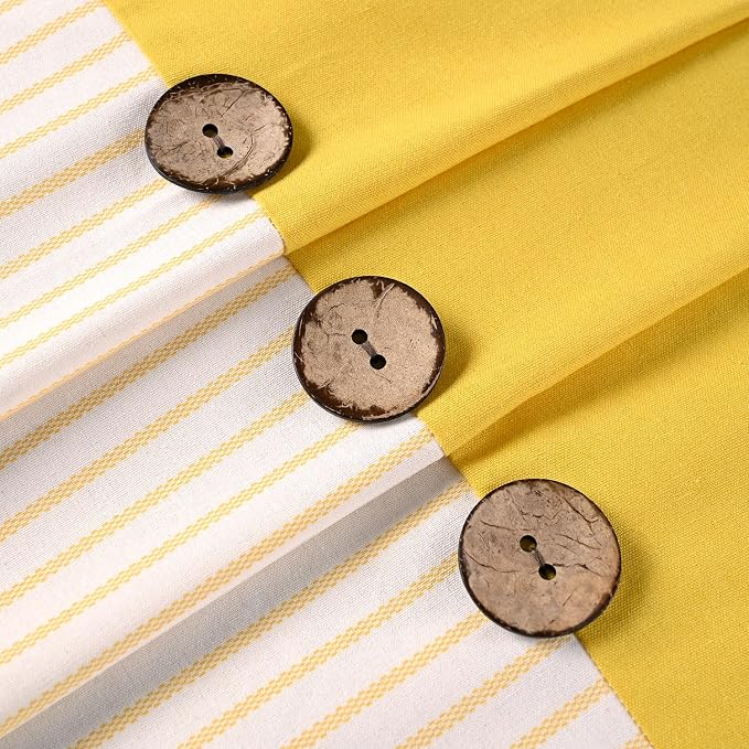 DOSLY IDÉES Farmhouse Yellow Shower Curtain, Beige and Yellow Stripe, Button Curtain, Linen and Cotton Woven Fabric, Rustic Charm Country Chic Style, 72x72 in