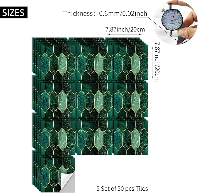 funlife Holographic Emerald Art Deco Peel and Stick Backsplash Self-Adhesive PVC Wall Tiles Easy DIY with Tools for Kitchen Bathroom and Laundry Room 7.87"x7.87"x50-Sheet Hex Emerald