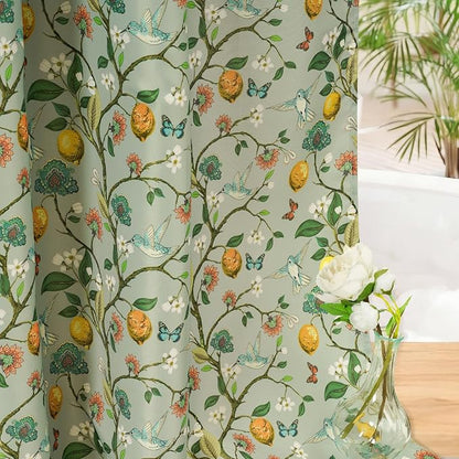 Green Floral Bird Shower Curtain 72x72, Hummingbird and Lemon Botanical Fabric Bath Curtains, Lightweight Quick-Dry Bathroom Decor Set with Hooks, Light Green