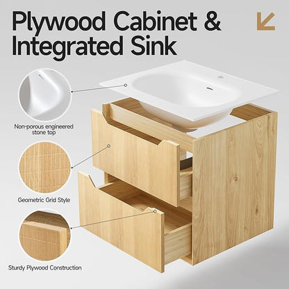 32" Japandi Floating Bathroom Vanity with Sink, Pre-Assembled Natural Oak Multi-Layer Solid Wood Bathroom Sink Vanity, Wall Mounted with Integrated Stone Top and 2 Soft Close Drawers