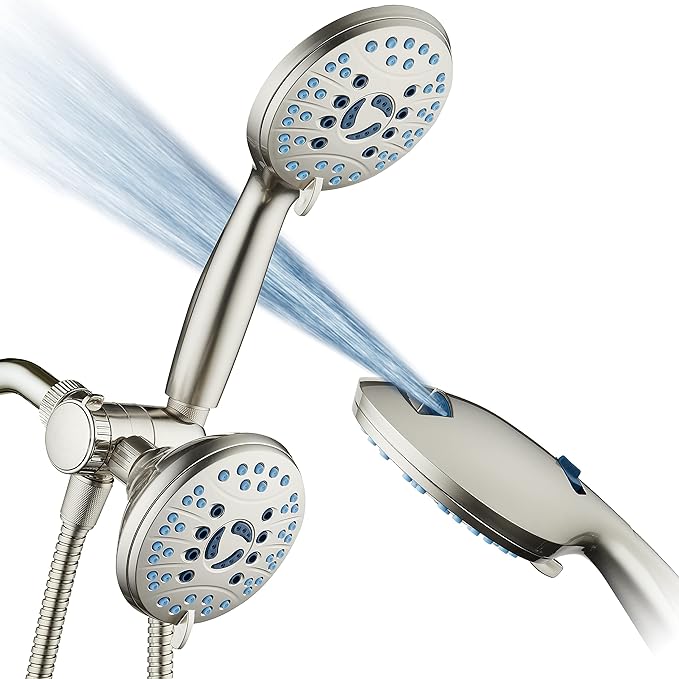AquaCare 48-mode High Pressure 3-way Shower Head Combo w/ 2-mode Power Wash | Pure Clean Jets, Dual Handheld Power Wash for Tub, Tile & Pets, Long 6 ft. Stainless Steel Hose, Extra Wall Bracket / Nickel