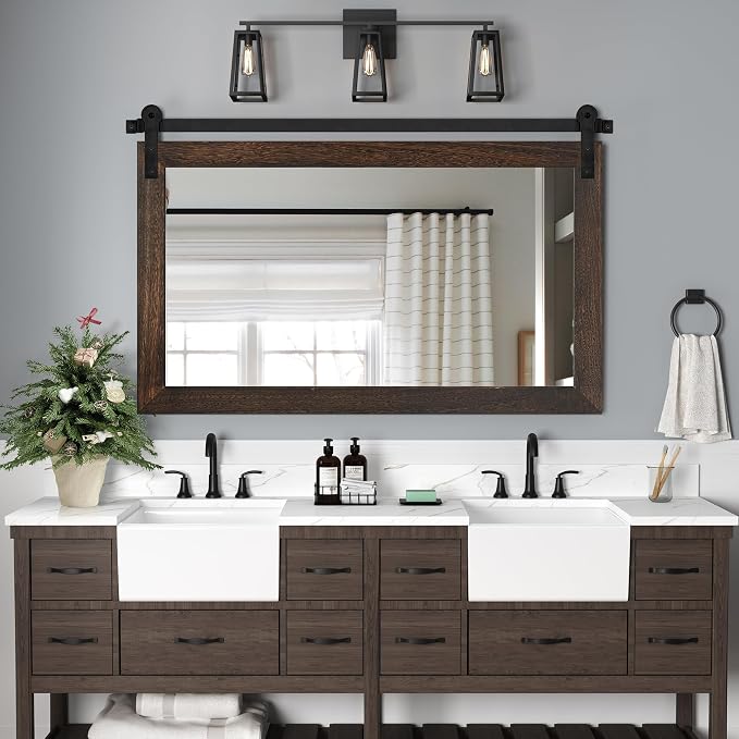 COGOOD Farmhouse Bathroom Mirrors for Over Sink - 30 x 41 Black Brown | Rustic Barn Door Wood Framed Vanity Mirror for Entryway, Living Room, Bedroom, Dresser Wall Decor
