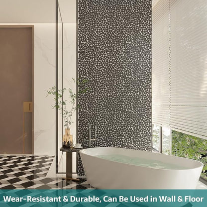 Pebble Tile, Black Pebble Tiles for Shower Floor Kitchen Backsplash Bathroom Wall and Floor Tile, 5 Sheets