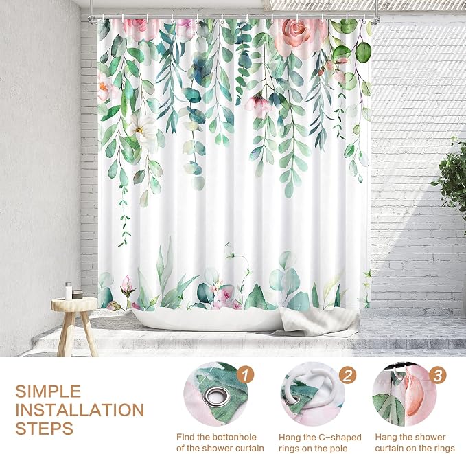 Watercolor Eucalyptus Shower Curtain, Spring Shower Curtain Green Leaves with Blooming Floral, Polyester Fabric Waterproof Shower Curtain Sets Machine Washable Decor Home Farmhouse Bath Curtain