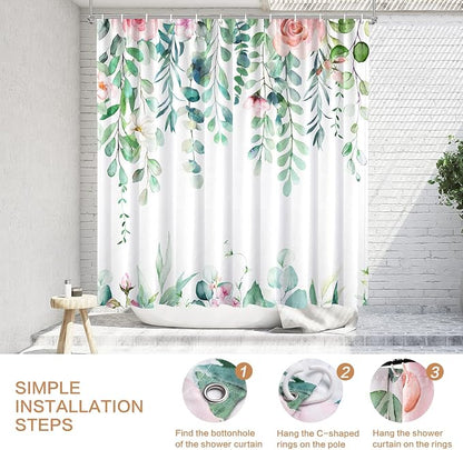 Watercolor Eucalyptus Shower Curtain, Spring Shower Curtain Green Leaves with Blooming Floral, Polyester Fabric Waterproof Shower Curtain Sets Machine Washable Decor Home Farmhouse Bath Curtain