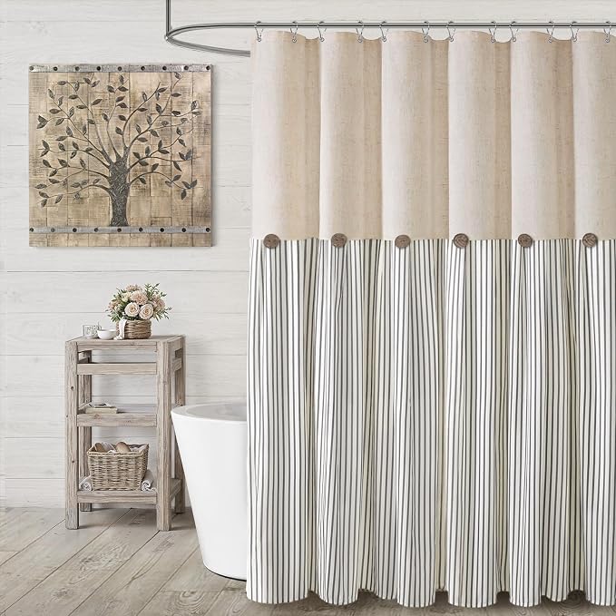 Farmhouse Shower Curtain Linen Button Grey Stripe 72" W x 72" L | Farmhouse Style, Chic Button, Striped, Linen Fabric, Rustic, Country, Natural Look, Washable, for Bathroom Bathtub