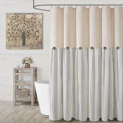 Farmhouse Shower Curtain Linen Button Grey Stripe 72" W x 72" L | Farmhouse Style, Chic Button, Striped, Linen Fabric, Rustic, Country, Natural Look, Washable, for Bathroom Bathtub
