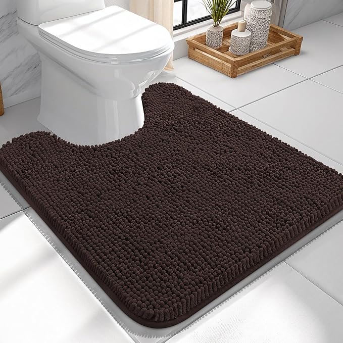 OLANLY Toilet Rugs U-Shaped 24x24, Soft Absorbent Chenille Contour Rugs | Brown, Quick-Drying Rubber Backing, Machine Washable Non-Slip Shaggy Bathroom Mat for Toilet, Home Decor Accessories