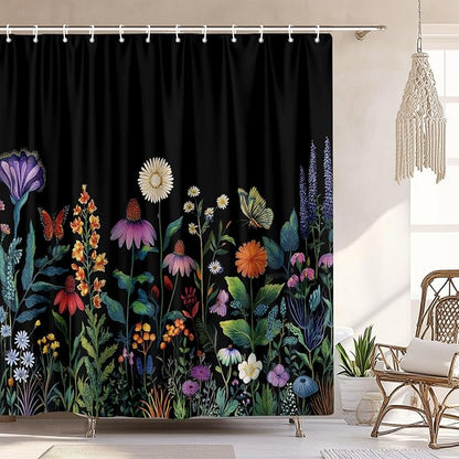 Boho Dark Floral Shower Curtain, Bright Colorful Rustic Wildflower Shower Curtain for Bathroom, Black Gothic Flowers Farmhouse Botanical Shower Curtains Machine Washable with 12 Hooks 72"X72" Inch