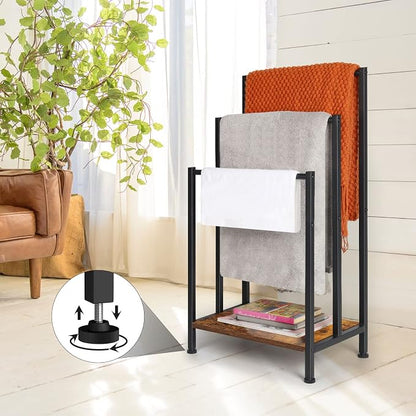 Towel Rack Freestanding, Blanket Rack Stand with Wooden Storage | Standing Towel Rack, 3 Tier Blanket Holder for Bathroom, Towel Drying Holder Stand with Shelf, Rustic Brown and Black