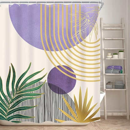 Mid Century Purple Green Boho Abstract Modern Bathroom Shower Curtain Set | 60Wx72L Gold design, waterproof HD print with fast-drying fabric and 12 hooks.