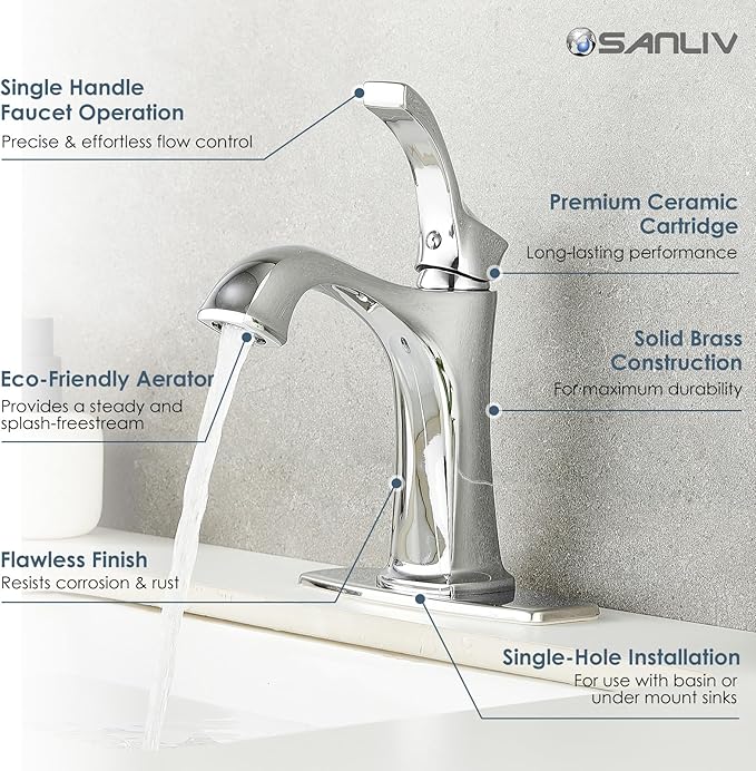 Chrome Bathroom Faucet, Sanliv Single Handle Centerset Bathroom Sink Faucet with Pop-Up Drain & Deck Plate for 1 or 3-Hole (4 inch) Installation, Modern Farmhouse Vanity Faucet, Polished Chrome