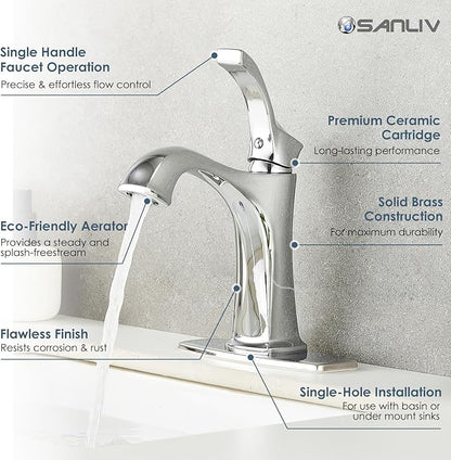 Chrome Bathroom Faucet, Sanliv Single Handle Centerset Bathroom Sink Faucet with Pop-Up Drain & Deck Plate for 1 or 3-Hole (4 inch) Installation, Modern Farmhouse Vanity Faucet, Polished Chrome