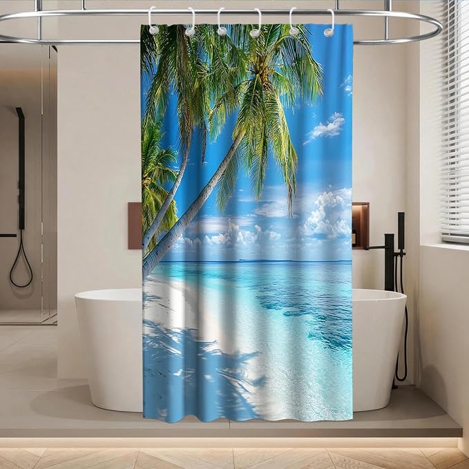 Beach Modern Ocean Shower Curtain Coastal Summer Tropical Palm Tree Trendy | Nature Shower Curtains for Bathroom, Waterproof Bath Curtain with Hooks Machine Washable Bathtub Curtains 36x72 Inch Blue