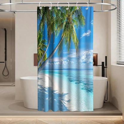 Beach Modern Ocean Shower Curtain Coastal Summer Tropical Palm Tree Trendy | Nature Shower Curtains for Bathroom, Waterproof Bath Curtain with Hooks Machine Washable Bathtub Curtains 36x72 Inch Blue