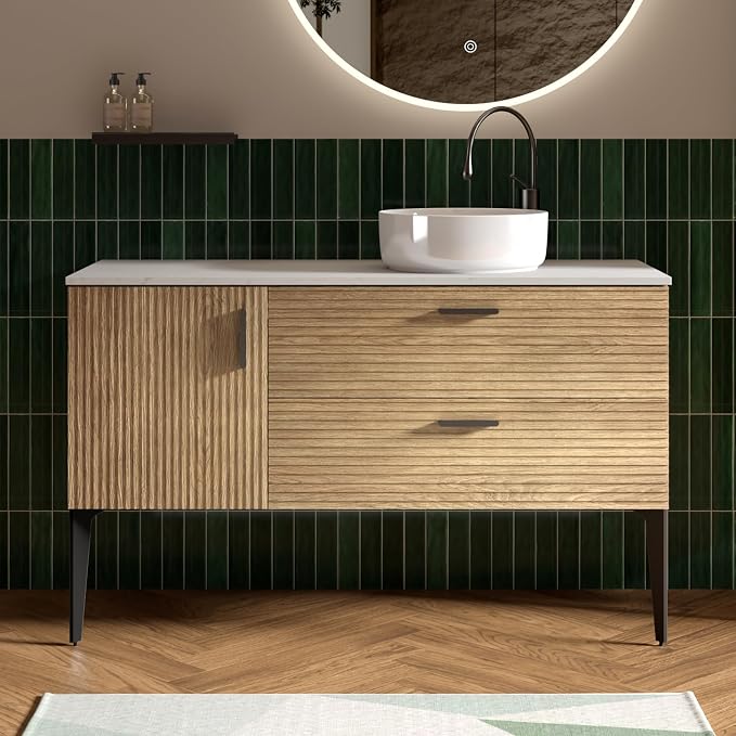 48" Bathroom Vanity with White Vessel Sink, Wall-Mounted, Oak | Fluted Bathroom Cabinet with Offset Ceramic Sink, 2 Soft-Closing Drawers & 1 Door, Engineered Stone Countertop