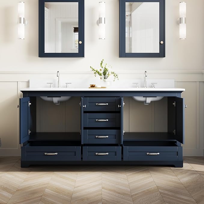 WELLFOR 72 Inch Bathroom Vanity with Double Sinks, Solid Wood Bathroom Vanity W/4 Soft-Close Doors and 6 Drawers, Cultured Marble Countertop Bathroom Vanities W/Two Sinks, (Navy Blue)
