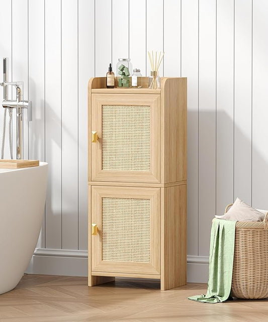 Rattan Small Bathroom Cabinet with 2 Doors, 7.9''D x 11.8''W Narrow Toilet Paper Storage Cabinet, Bathroom Organizer for Small Space, Wooden Slim Corner Unit with Adjustable Shelf, Natural Oak