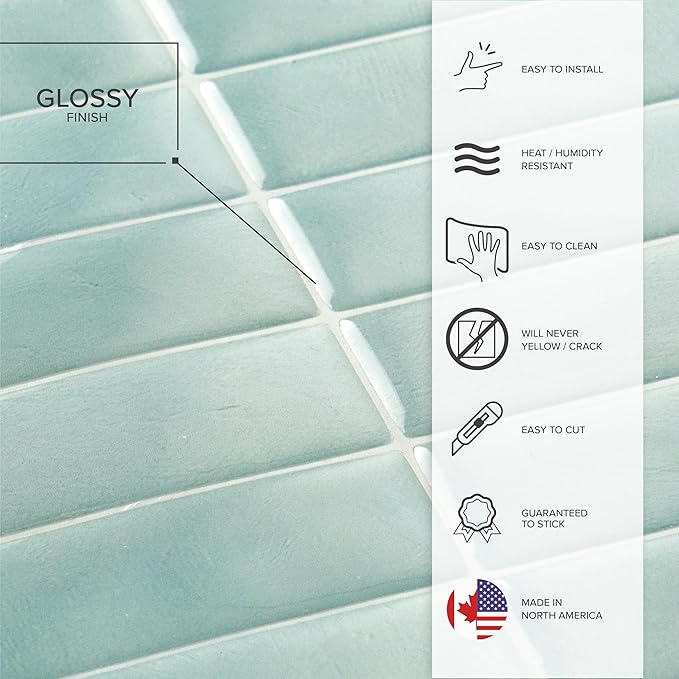 Smart Tiles Peel and Stick backsplash, Stacked Teal, 11.43"x9" | Pack of 5 (3.5 sq ft), Glossy, Heat/Moisture Resistant, Low VOC, Kitchen/Bathroom, Renter Friendly, Made in Canada