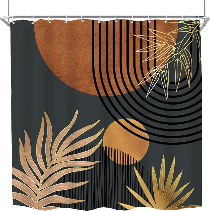Mid Century Brown Black Boho Abstract Modern Bathroom Shower Curtain Set | 72Wx72L Plant Botanical design, waterproof HD print with fast-drying fabric and 12 hooks.