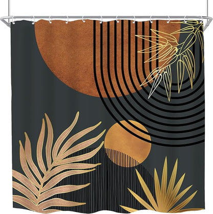 Mid Century Brown Black Boho Abstract Modern Bathroom Shower Curtain Set | 72Wx72L Plant Botanical design, waterproof HD print with fast-drying fabric and 12 hooks.