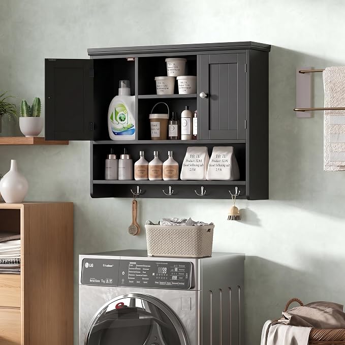 Bathroom Wall Cabinet with Doors and Hooks, 3-Tier Wall Mounted Cabinet | Modern Medicine Cabinet with 3 Open Shelves, Over the Toilet Storage Cabinet for Kitchen, Laundry Room, Living Room, Black