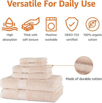 Amazon Basics Fade-Resistant 100% Cotton Bath, Hand and Washcloth Towel Set, 30 x 54 inches, Blush Pink, Set of 6