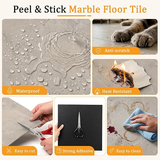 DEXDE Peel and Stick Floor Tile 18x18 Marble Vinyl Flooring Waterproof 30PC | Floor Tiles Peel and Stick Waterproof, Self Adhesive Floor Tiles, Sticky Floor Tiles Bathroom Floor Tiles 1.5FTx1.5FT Beige