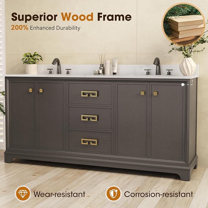 72 Inch Double Sink Bathroom Vanity, Dark Walnut | Fully Assembled Bathroom Sink Cabinet, Marble Countertop & Backsplash, Soft Closing 4 Doors & 3 Drawers, Adjustable Shelves