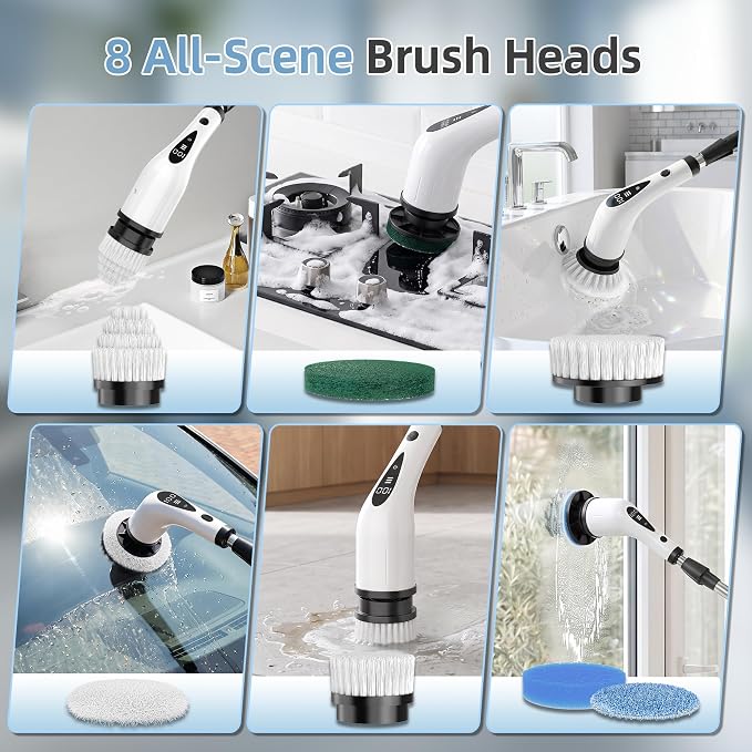 Electric Spin Scrubber, 3-Speed Flat End Brush with 8 Brush Heads & Base, IPX7 Waterproof, Adjustable Long Handle, Digital Display, 2500mAh Fast Charging, for Bathroom, Tub, Tile, Floor