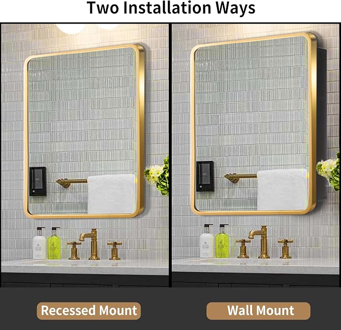 Movo 20x31 Inch Recessed or Surface Mount Medicine Cabinet with Mirror Aluminum Metal Framed Bathroom Mirror Medicine Cabinet Rectangle Storage Cabinet Gold
