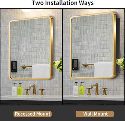 Movo 20x31 Inch Recessed or Surface Mount Medicine Cabinet with Mirror Aluminum Metal Framed Bathroom Mirror Medicine Cabinet Rectangle Storage Cabinet Gold