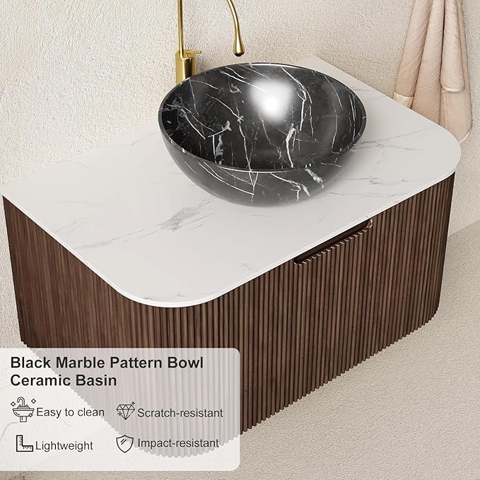 24" Floating Bathroom Vanity with Sink, Modern Wall-Mounted Bathroom Cabinet with Ultra-Thin Ceramic Black Basin and Marble Top, Extra Large Storage Drawer, Soft-Close Design, Dark Walnut
