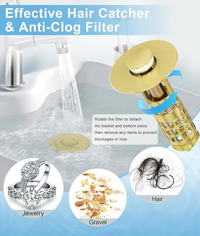 QYHNYJF Upgraded Bathroom Sink Stopper with Hair Catcher - Universal Pop-Up Drain Plug, Stainless Steel & Silicone Seal for 1.1-1.5 Inch Drains, Gold Matte Brushed Finish (Gold Matte Brushed)