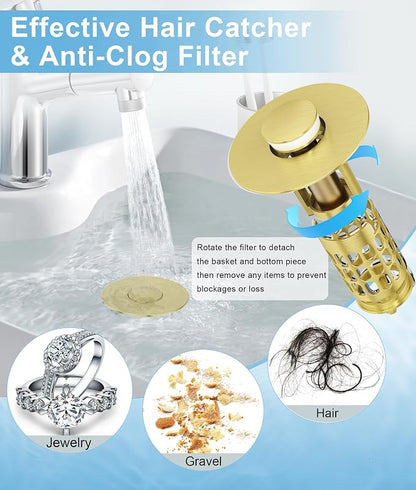 QYHNYJF Upgraded Bathroom Sink Stopper with Hair Catcher - Universal Pop-Up Drain Plug, Stainless Steel & Silicone Seal for 1.1-1.5 Inch Drains, Gold Matte Brushed Finish (Gold Matte Brushed)
