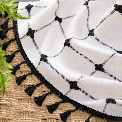 Black and White Farmhouse Shower Curtain,Boho Linen Fabric with Embroidered Plaid Pattern and Tassels for Bathroom,72" W×78" L