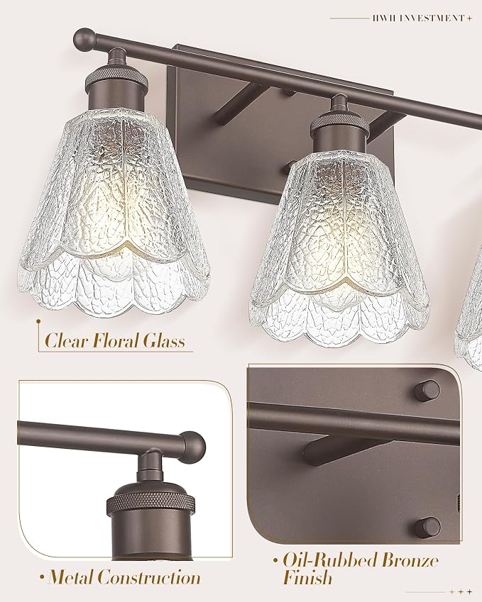 3-Light Bathroom Light Fixtures, HWH Farmhouse Sconce Wall Lighting for Mirror, Modern Wall Sconces with Clear Floral Glass, Oil-Rubbed Bronze Finish, 5HJX110B-3W ORB