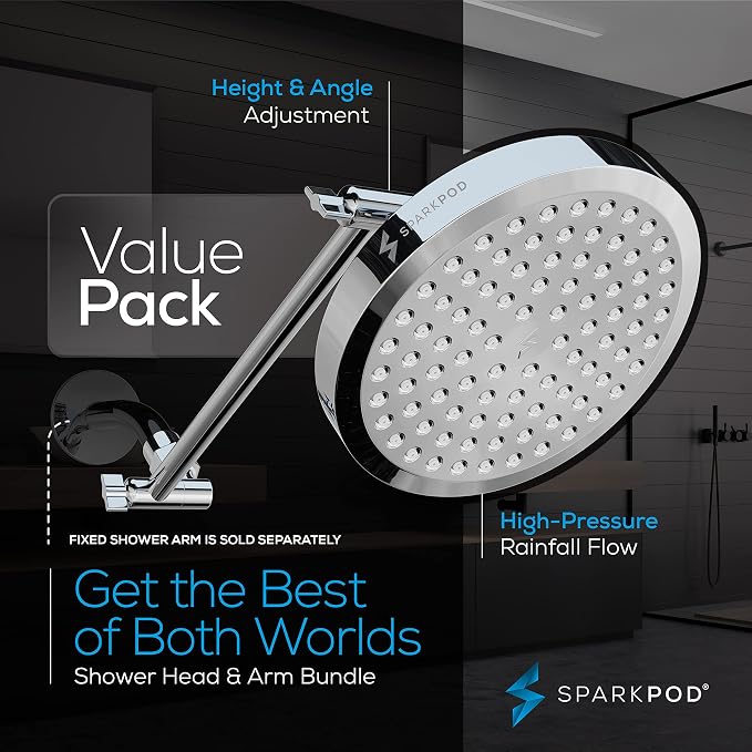 SparkPod 6" Round Rain Shower Head with 11" Shower Arm | Shower Head & Extension Arm Combo, Height Adjustable, High Pressure Performance, Easy 1-Minute Installation, Polished Chrome