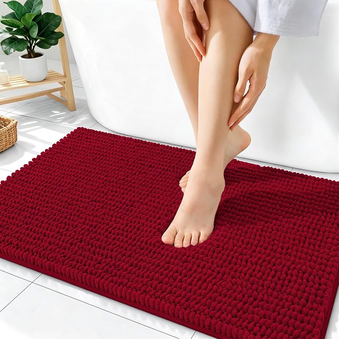 OLANLY Thick Chenille Bathroom Rugs 36x24, Soft Absorbent Bath Mat, Red | Bath Rugs, Rubber Backing, Machine Wash Dry, Bath Mats for Bathroom Floor, Tub and Shower, Home Decor Accessories