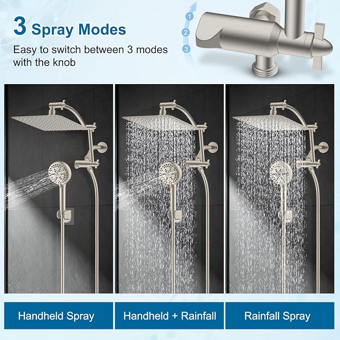 Hibbent Metal 10" High Pressure Rain Shower Head Combo, Brushed Nickel | cUPC Certified Rainfall Shower Head with handheld 10 Sprays, 16'' Adjustable Extension Arm, 71'' Hose, Showerhead Holder