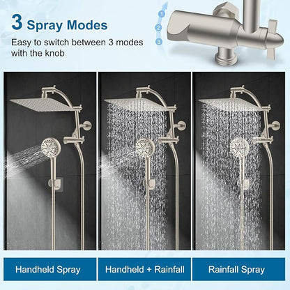 Hibbent Metal 10" High Pressure Rain Shower Head Combo, Brushed Nickel | cUPC Certified Rainfall Shower Head with handheld 10 Sprays, 16'' Adjustable Extension Arm, 71'' Hose, Showerhead Holder