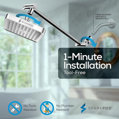 SparkPod 6" Square Rain Shower Head with 16" Shower Arm | Shower Head & Extension Arm Combo, Height Adjustable, High Pressure Performance, Easy 1-Minute Installation, Polished Chrome