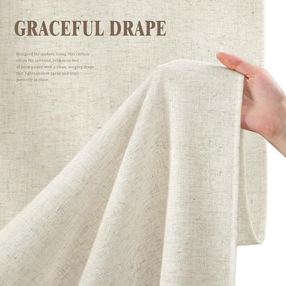 Linen Shower Curtain Flax Cream, Fabric Boho Farmhouse Shower Curtains for Bathroom Cotton Natural Cloth Liner Set 72" W x 72" L