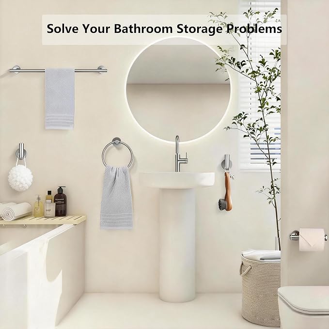 5-Piece Bathroom Hardware Set, Brushed Nickel SUS304 Stainless Steel Bathroom Accessories, 24" Towel Bar, Toilet Paper Holder, Towel Ring & 2 Robe Hooks, Wall Mounted, Rustproof Modern Design