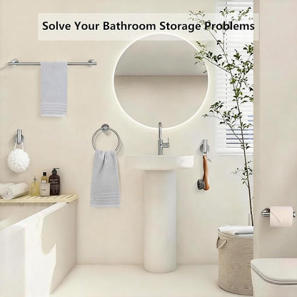 5-Piece Bathroom Hardware Set, Brushed Nickel SUS304 Stainless Steel Bathroom Accessories, 24" Towel Bar, Toilet Paper Holder, Towel Ring & 2 Robe Hooks, Wall Mounted, Rustproof Modern Design